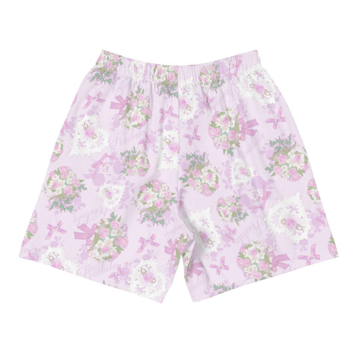 Anniversary kawaii men's athletic shorts in pink with trailing rose sprigs and lace hearts