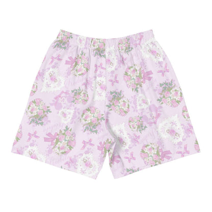 Anniversary kawaii men's athletic shorts in pink with trailing rose sprigs and lace hearts