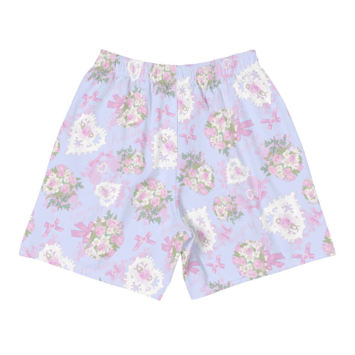 Anniversary kawaii men's athletic shorts in periwinkle with pink rose bouquets and lace hearts