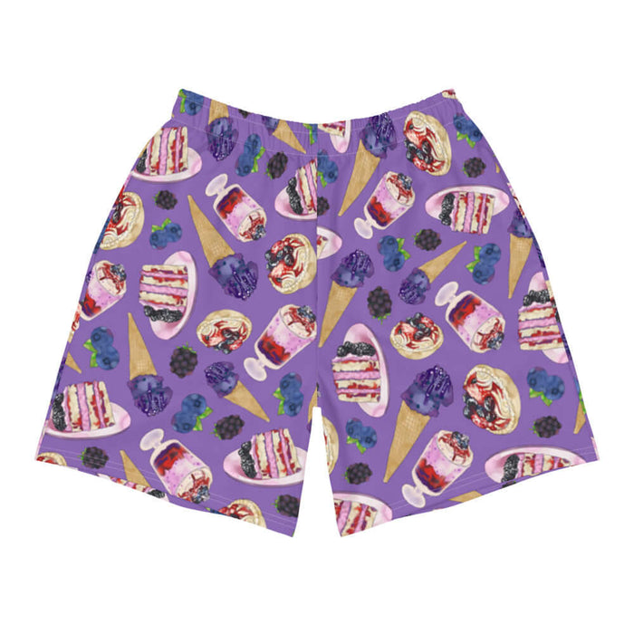 Berry kawaii men's athletic shorts in violet with plump blackberries and leaf-tucked blueberries