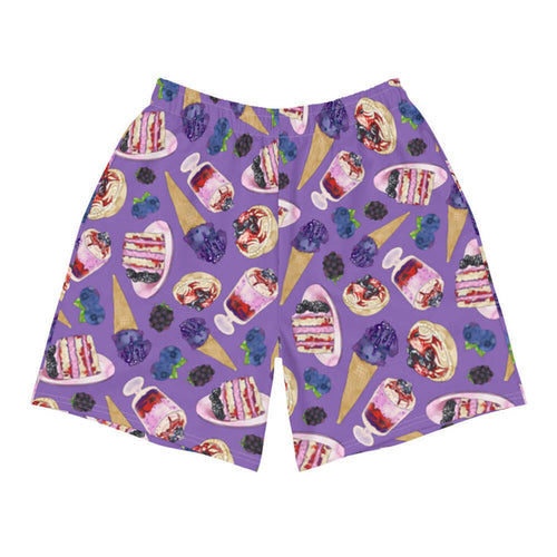Berry kawaii men's athletic shorts in violet with plump blackberries and leaf-tucked blueberries