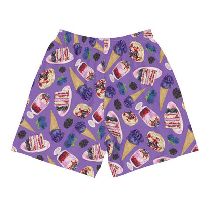 Berry kawaii men's athletic shorts in violet with leaf-tucked blueberries and glossy jam tarts