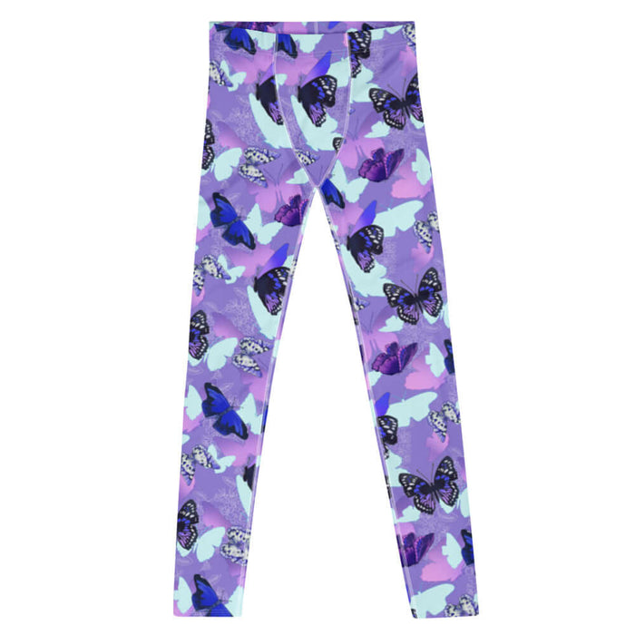 Butterfly kawaii men's leggings in purple with cobalt morphos and violet wings