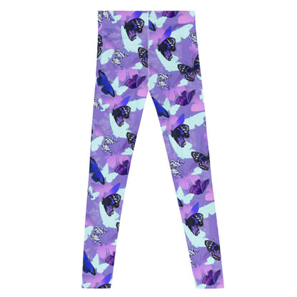 Butterfly kawaii men's leggings in purple with navy butterflies and white-spotted wings