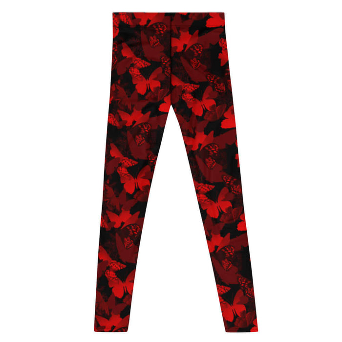 Butterfly kawaii men's leggings in crimson with scarlet butterflies and white-flecked wings