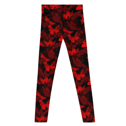 Butterfly kawaii men's leggings in crimson with scarlet butterflies and white-flecked wings