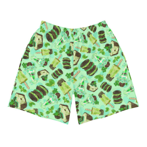 Choco Mint kawaii men's athletic shorts in mint with mint popsicles and mint-cream cookies