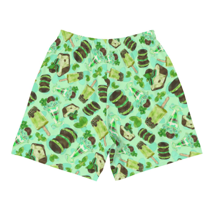 Choco Mint kawaii men's athletic shorts in mint with layered mint parfaits and chocolate-dipped mint squares