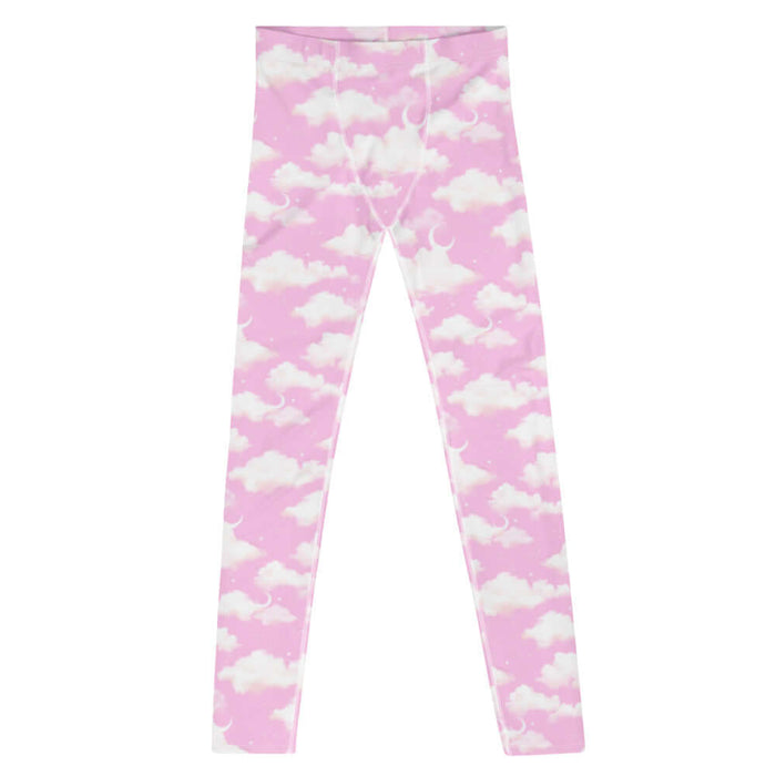 Cloudy Sky kawaii men's leggings in pink with puffy clouds and sprinkled stars