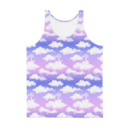Cloudy Sky kawaii men's tank top with puffy white clouds and crescent moons on a pastel sky