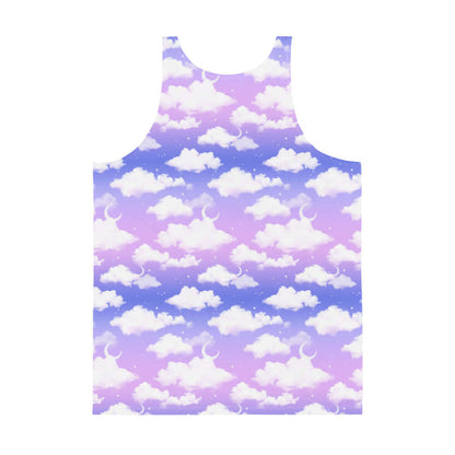Cloudy Sky kawaii men's tank top with crescent moons and scattered stars on a pastel sky
