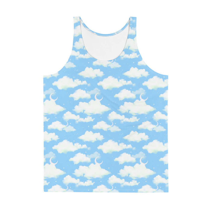 Cloudy Sky kawaii men's tank top with drifting clouds and tiny stars on a pastel sky