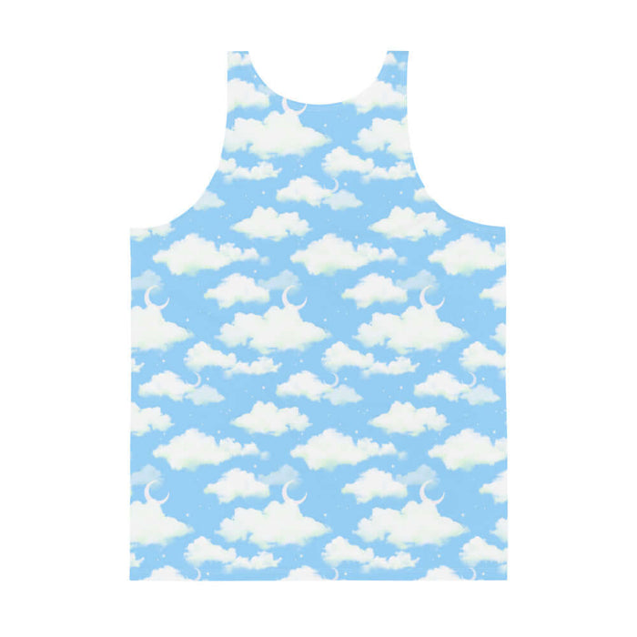 Cloudy Sky kawaii men's tank top with fluffy clouds and a crescent moon on a pastel sky