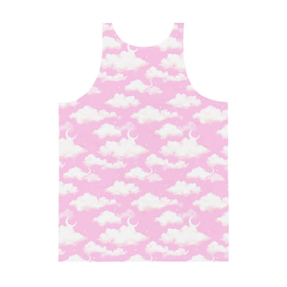 Cloudy Sky kawaii men's tank top in pink with crescent moons and soft clouds