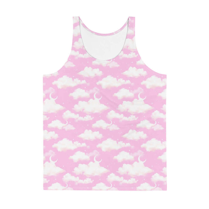 Cloudy Sky kawaii men's tank top in pink with fluffy cumulus clouds and crescent moons