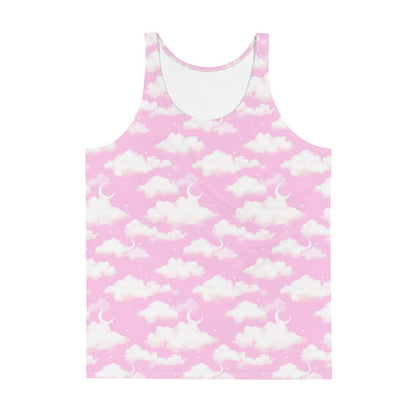 Cloudy Sky kawaii men's tank top in pink with fluffy cumulus clouds and crescent moons