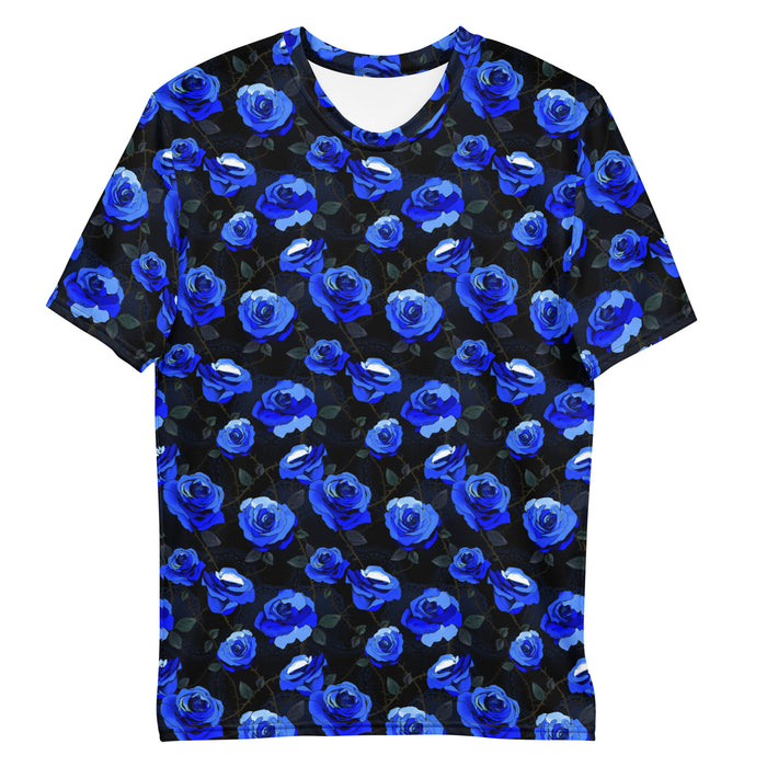 Men's Enchanted Rose T-Shirt in cobalt blue with roses and thorny briars, goth tee