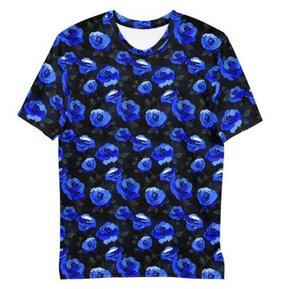 Men's Enchanted Rose T-Shirt in cobalt blue with roses and thorny briars, goth tee