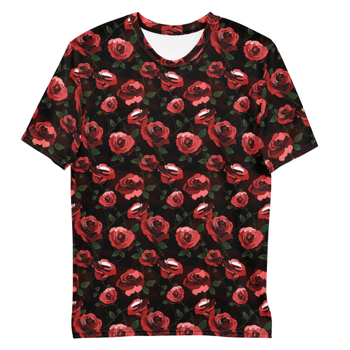 Colorful Men's Enchanted Rose T-Shirt with rainbow roses and leaves, kawaii goth shirt