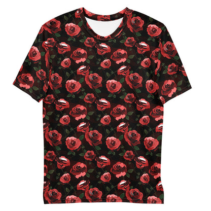 Colorful Men's Enchanted Rose T-Shirt with rainbow roses and leaves, kawaii goth shirt