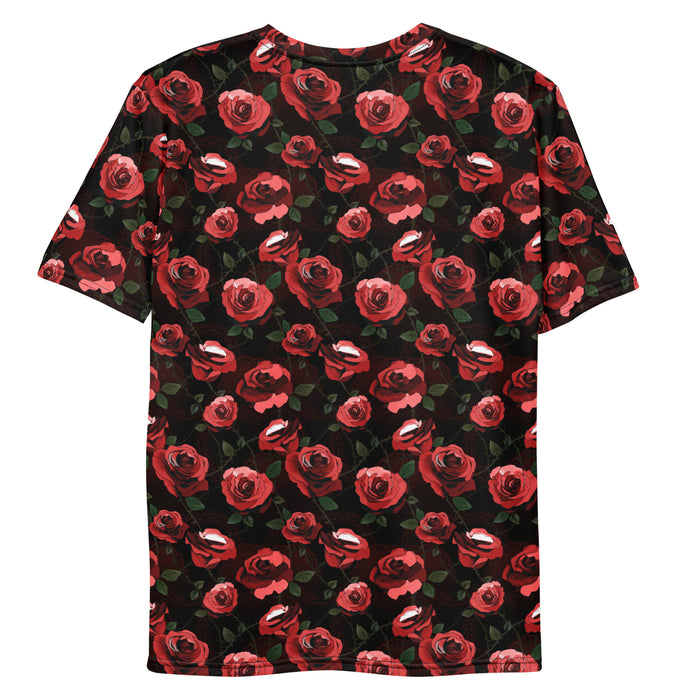 Red Men's Enchanted Rose T-Shirt with red roses and briar thorns, gothic men's tee