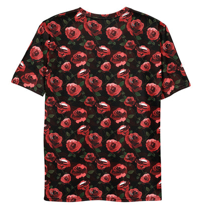 Red Men's Enchanted Rose T-Shirt with red roses and briar thorns, gothic men's tee