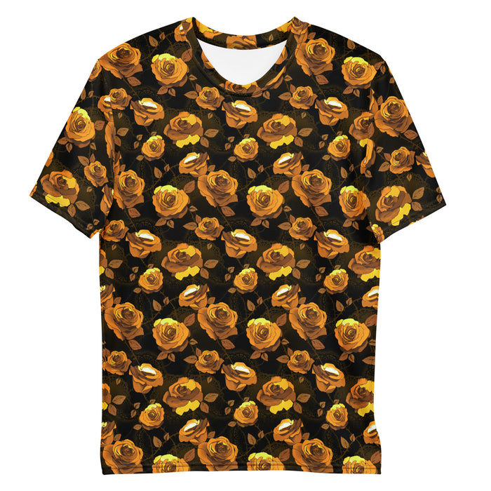Black Men's Enchanted Rose T-Shirt with black roses and doily hearts, goth men's shirt
