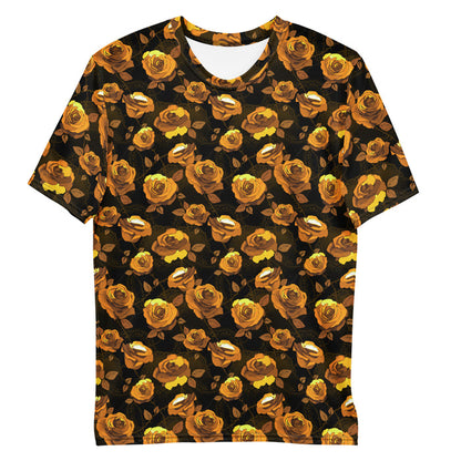 Black Men's Enchanted Rose T-Shirt with black roses and doily hearts, goth men's shirt