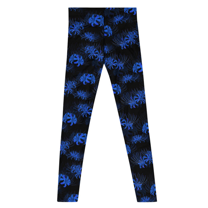 Higanbana gothic men's leggings in blue with blue spider lily blooms on black