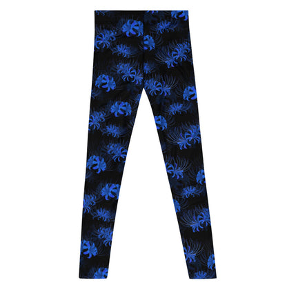 Higanbana gothic men's leggings in blue with blue spider lily blooms on black