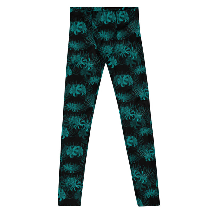 Higanbana gothic men's leggings in teal with teal spider lilies on black