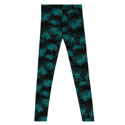Higanbana gothic men's leggings in teal with teal spider lily blooms on black