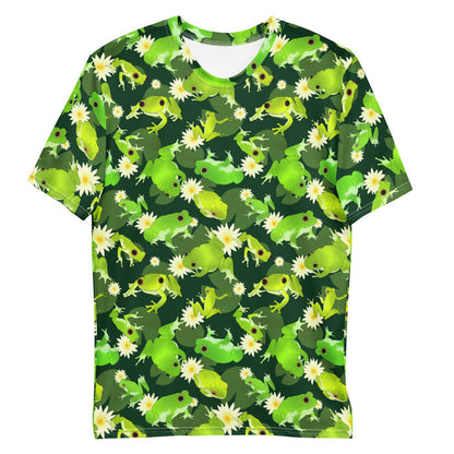 Kero-kero kawaii men's t-shirt in green with webbed-toed frogs and white lotus blossoms