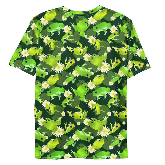Kero-kero kawaii men's t-shirt in green with hopping green frogs and sunlit water lilies