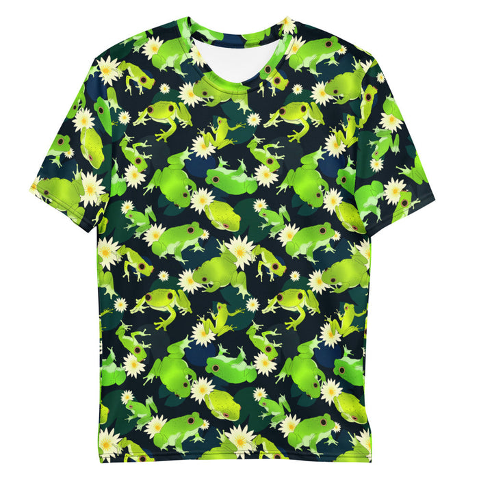 Kero-kero kawaii men's t-shirt in green with bright green frogs and creamy lotus flowers