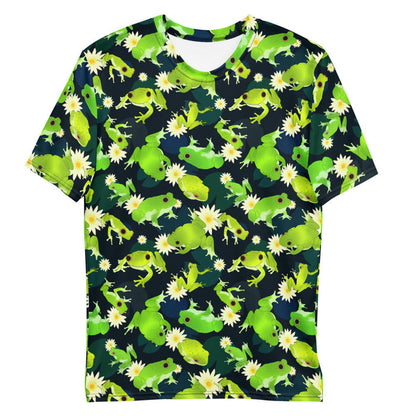 Kero-kero kawaii men's t-shirt in green with bright green frogs and creamy lotus flowers