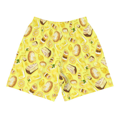 Lemon kawaii men's athletic shorts in yellow with golden citrus tarts and iced lemonade