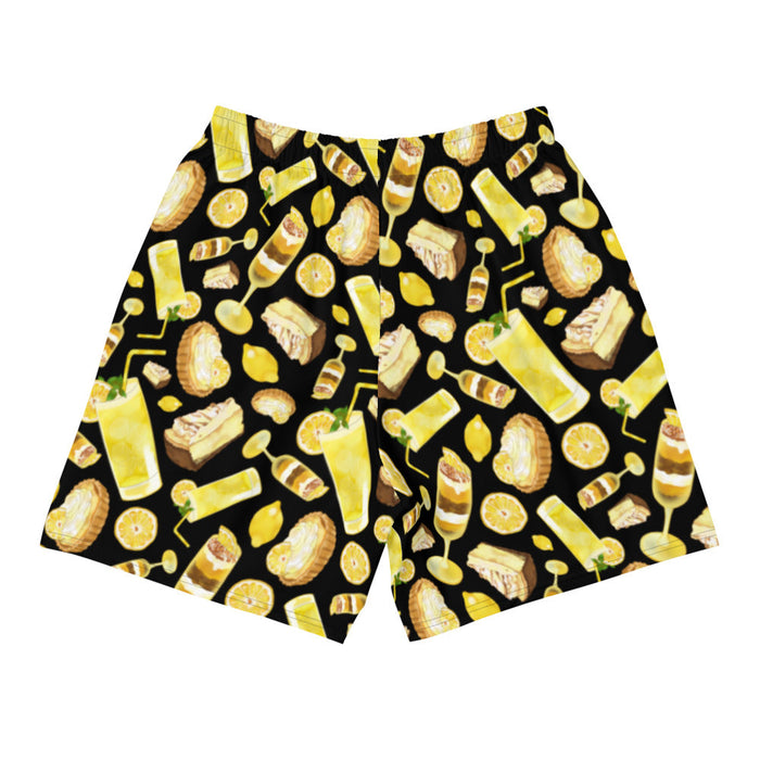 Lemon kawaii men's athletic shorts in yellow with lemon cheesecake and juicy lemon wheels