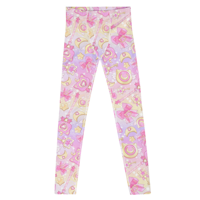 Magical Girl kawaii men's leggings in pink with gem hearts and star wands