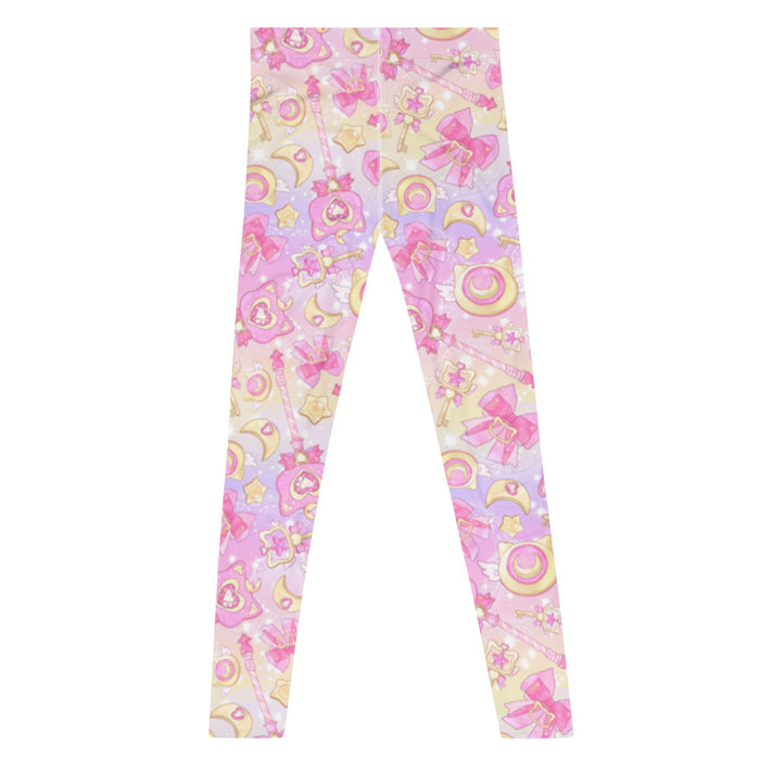 Magical Girl kawaii men's leggings in pink featuring neko compacts and crescent moons