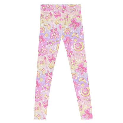 Magical Girl kawaii men's leggings in pink featuring neko compacts and crescent moons