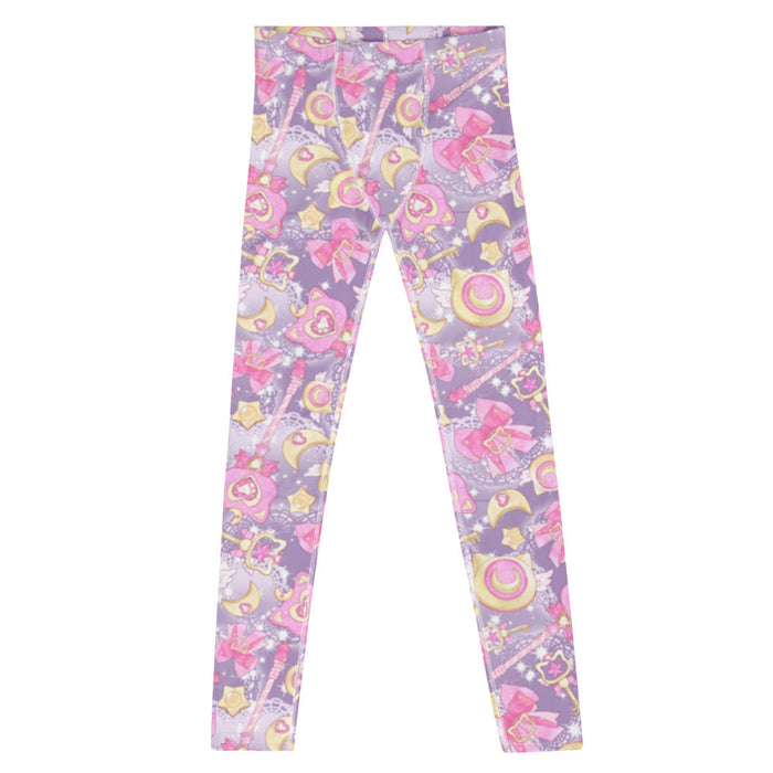 Purple Magical Girl kawaii men's leggings with ribbon bows and golden stars