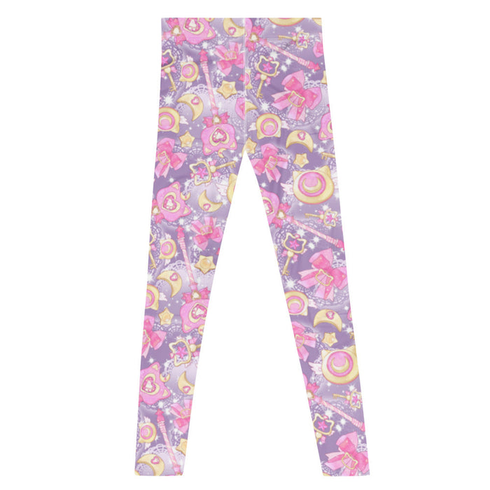 Magical Girl kawaii men's leggings covered in magic scepters and heart gems, in pink and purple