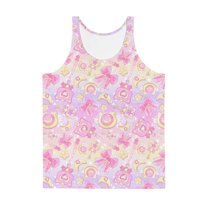 Magical Girl kawaii men's tank top in pink or purple with gem hearts and star wands