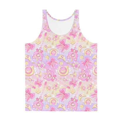 Magical Girl kawaii men's tank top in pink or purple with gem hearts and star wands