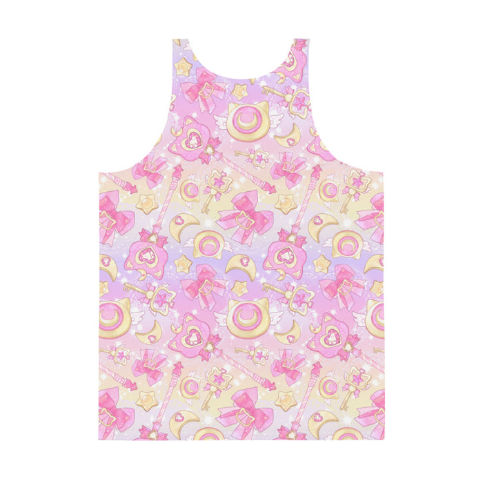 Magical Girl kawaii men's tank top in pink featuring neko compacts and crescent moons
