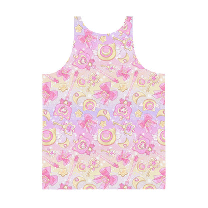 Magical Girl kawaii men's tank top in pink featuring neko compacts and crescent moons