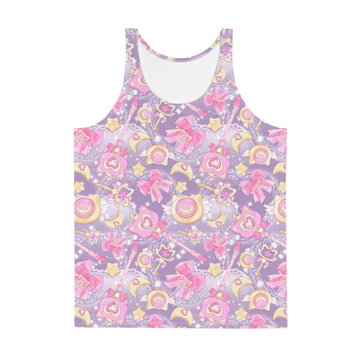 Pink or purple Magical Girl kawaii men's tank top with ribbon bows and golden stars
