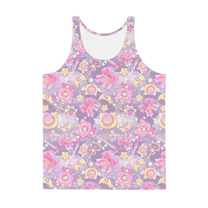 Pink or purple Magical Girl kawaii men's tank top with ribbon bows and golden stars