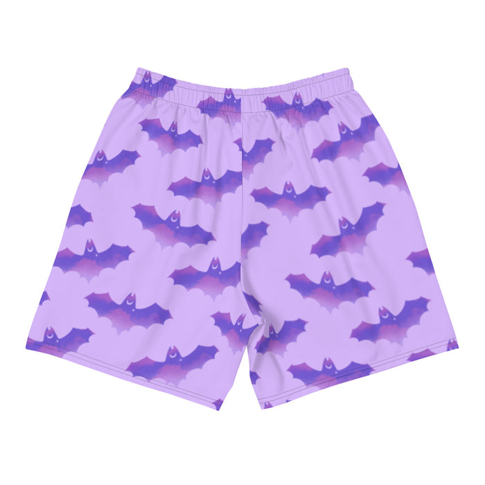 Morrigan pastel-goth men's shorts in lavender with bat print and pastel clouds